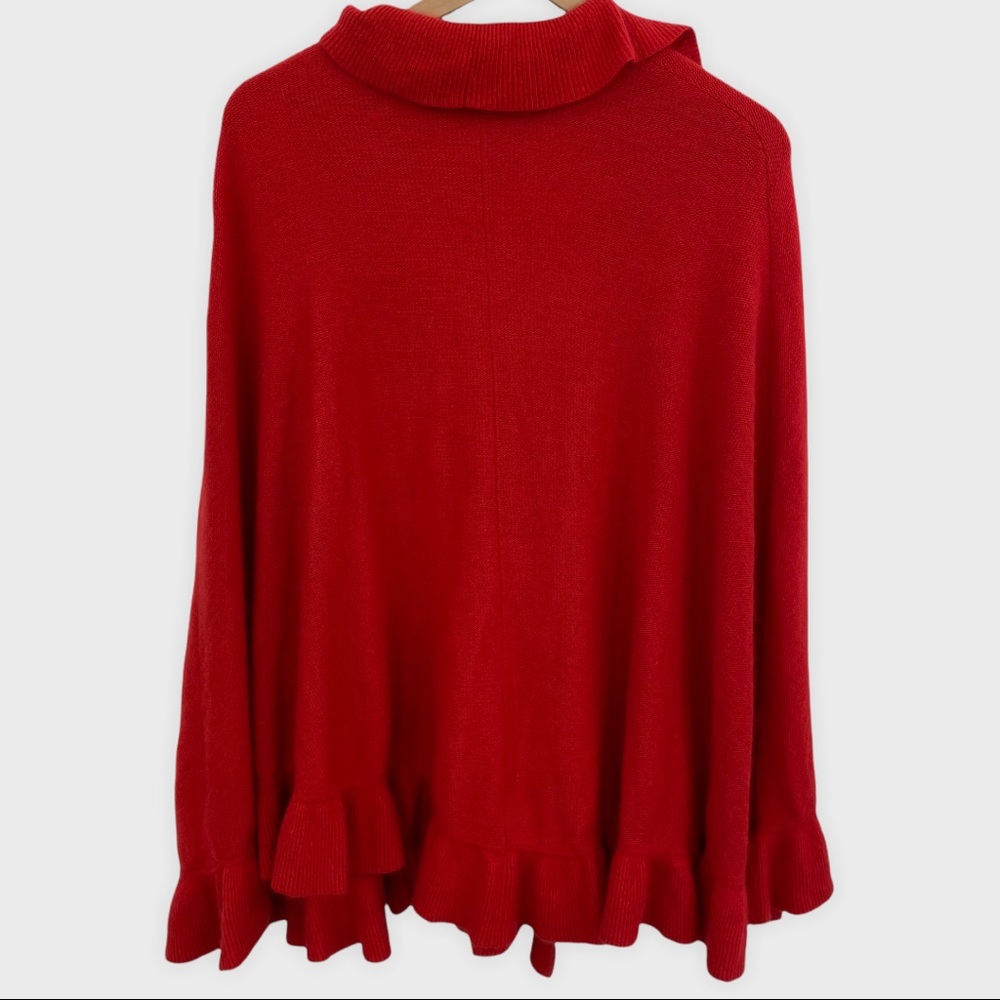 Boston Proper Super Soft Red Ruffle Knit Poncho Shawl Sweater One Size - Picture 2 of 5